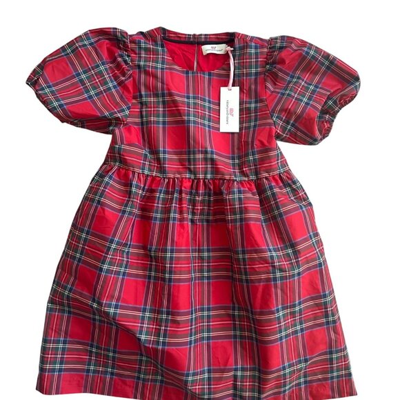 VINEYARDS VINES Girls Puff Sleeve Royal Stewart Red Holiday Dress Sz M NEW w tag - Picture 5 of 5